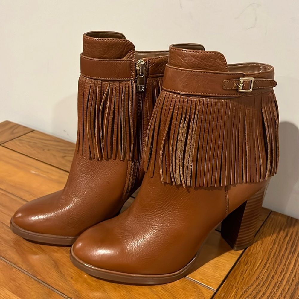 Ivanka Trump Leather Fringe Heeled Booties Size 6 1/2.